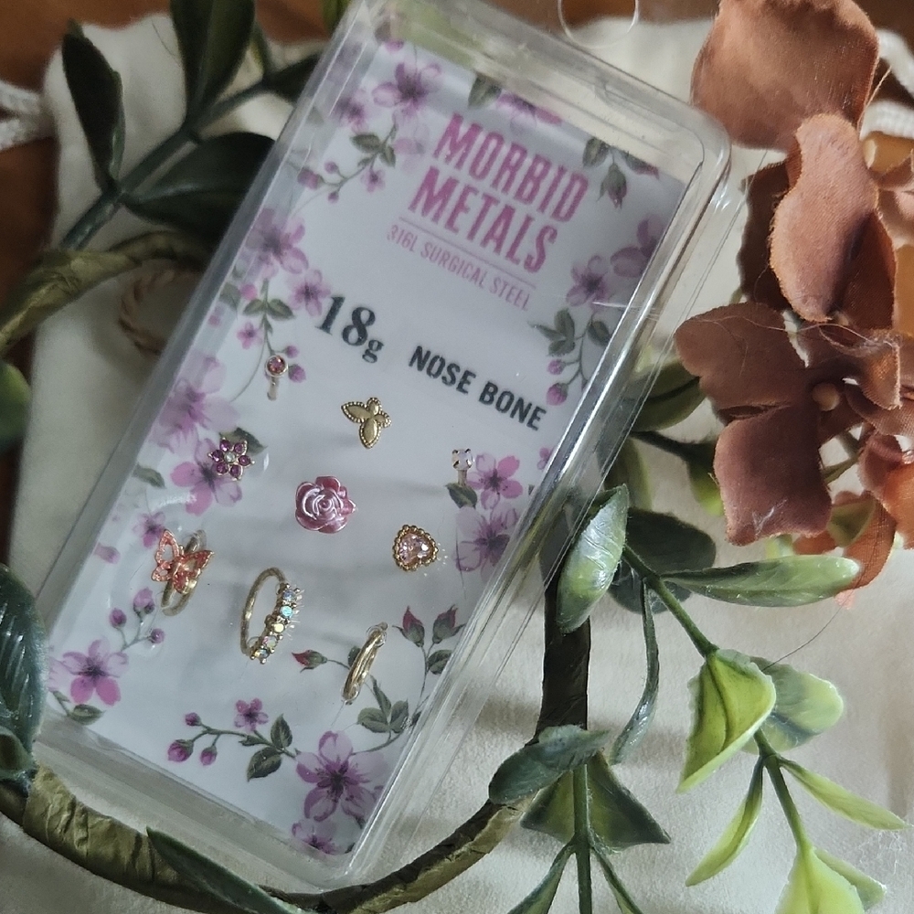 Morbid Metals Floral Nose Bone Set with Pink and Gold